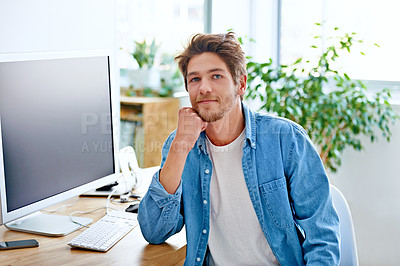 Buy stock photo Computer, workplace and portrait of man with smile, technology for remote working, online and internet. Creative, male person and staff in home office to relax and happiness for career as author