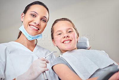 Buy stock photo Woman, portrait and orthodontist for mouth exam or kid, suction and tool for treatment or hygiene. Person, confidence and dentist to clean teeth, specialist and patient for gum health or checkup