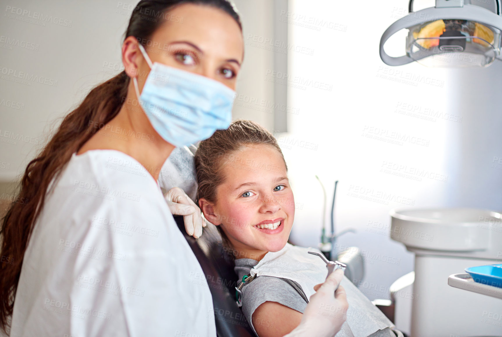 Buy stock photo Woman, portrait and dentist for oral examination or kid, consulting and tool for treatment or hygiene. Female person, confidence and orthodontist to clean teeth, specialist and patient for gum health