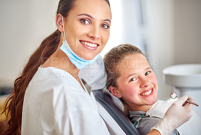 Buy stock photo Portrait, dentist and happy child with woman in clinic for medical exam, orthodontics or cleaning teeth. Face, smile and dental doctor with kid for tooth care, oral health or pediatrician with mirror