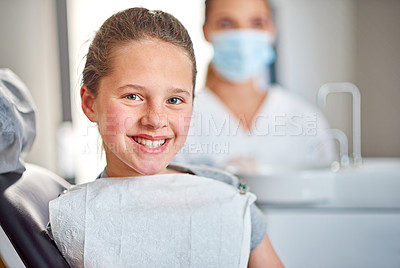 Buy stock photo Child, smile and dentist in portrait for checkup with confidence for teeth exam with healthcare. Female person, orthodontist office and pride for oral hygiene in chair for appointment at clinic