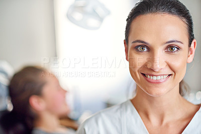 Buy stock photo Woman, portrait and pride for dental care in office, smile and ready for consultation on hygiene. Female person, confident and orthodontist for treatment on teeth, specialist and happy for gum health