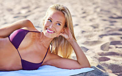Buy stock photo Woman, beach and relax smile on holiday in Miami for seaside vacation, weekend or sunshine. Female person, bikini and resting on towel at tropical destination on paradise island, resort or summer