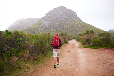 Buy stock photo Man, trekking and mountain with bag in nature, Germany trail on wildlife conservation. Active, male person on adventure for health and wellness, confident explorer and backpacking for outdoor sport