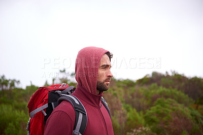 Buy stock photo Man, trekking and mountain with bag in nature, Germany nature trail in conservation scenic area. Active, male person on adventure in health and wellness, confident explorer on rocky terrain for sport