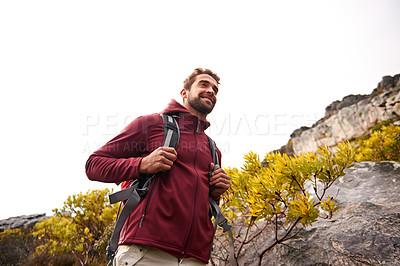Buy stock photo Hiking, nature and man smile with backpack, travel and adventure outdoor on mountain path with plants. Journey, fitness and walking with camping gear and bag for exercise with explorer and below