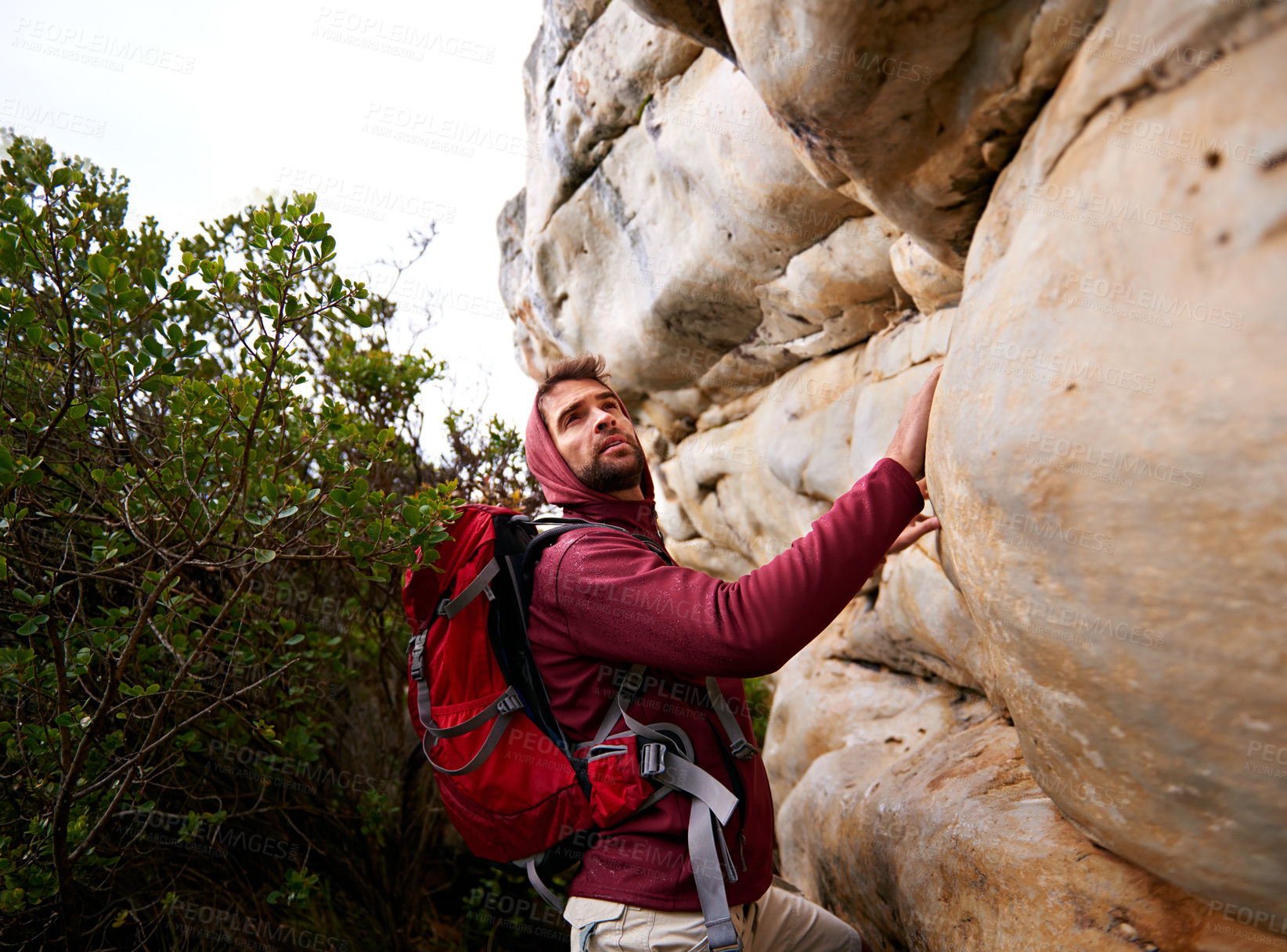 Buy stock photo Man, mountain and hiking in nature for fitness, wellness and exercise for training and adventure in environment. Young person with backpack and rock for workout and trekking in morning with tree