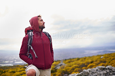 Buy stock photo Man, hiking and mountain with bag in nature, Germany nature trail on wildlife conservation. Active, male person on adventure for health and wellness, confident explorer on rocky terrain for sport