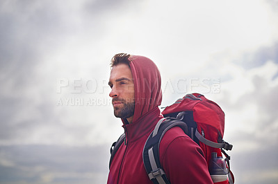 Buy stock photo Outdoor, sky and man with backpack, bottle and nature for adventure, peace and travel. Contemplation, thinking and male person in vacation, thoughtful and journey for holiday, trip and break