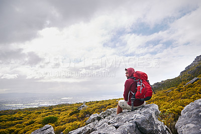 Buy stock photo Man, hiker and gear with backpack, landscape and travel for nature, adventure and hiking. Male person, journey and backpacking for discovery, fitness and exploring for recreation, outdoor and sports
