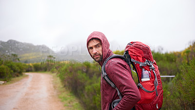 Buy stock photo Man, wet journey and hiking in rain, backpack for travel outdoor with problem or challenge on path. Trekking, mountain trail and bad weather on rough terrain, adventure and environment for survival