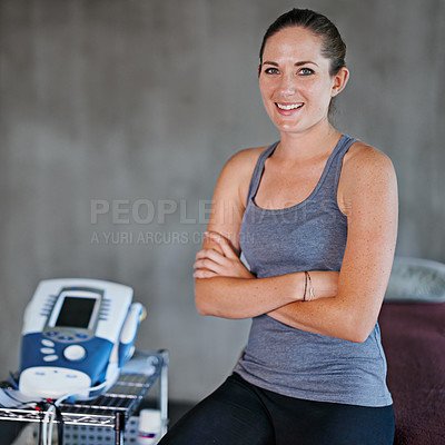 Buy stock photo Clinic, portrait or physiotherapist on bed for physiotherapy, recovery or wellness with arms crossed. Woman, trainer or physical therapist ready to consult for training, exercise or rehabilitation