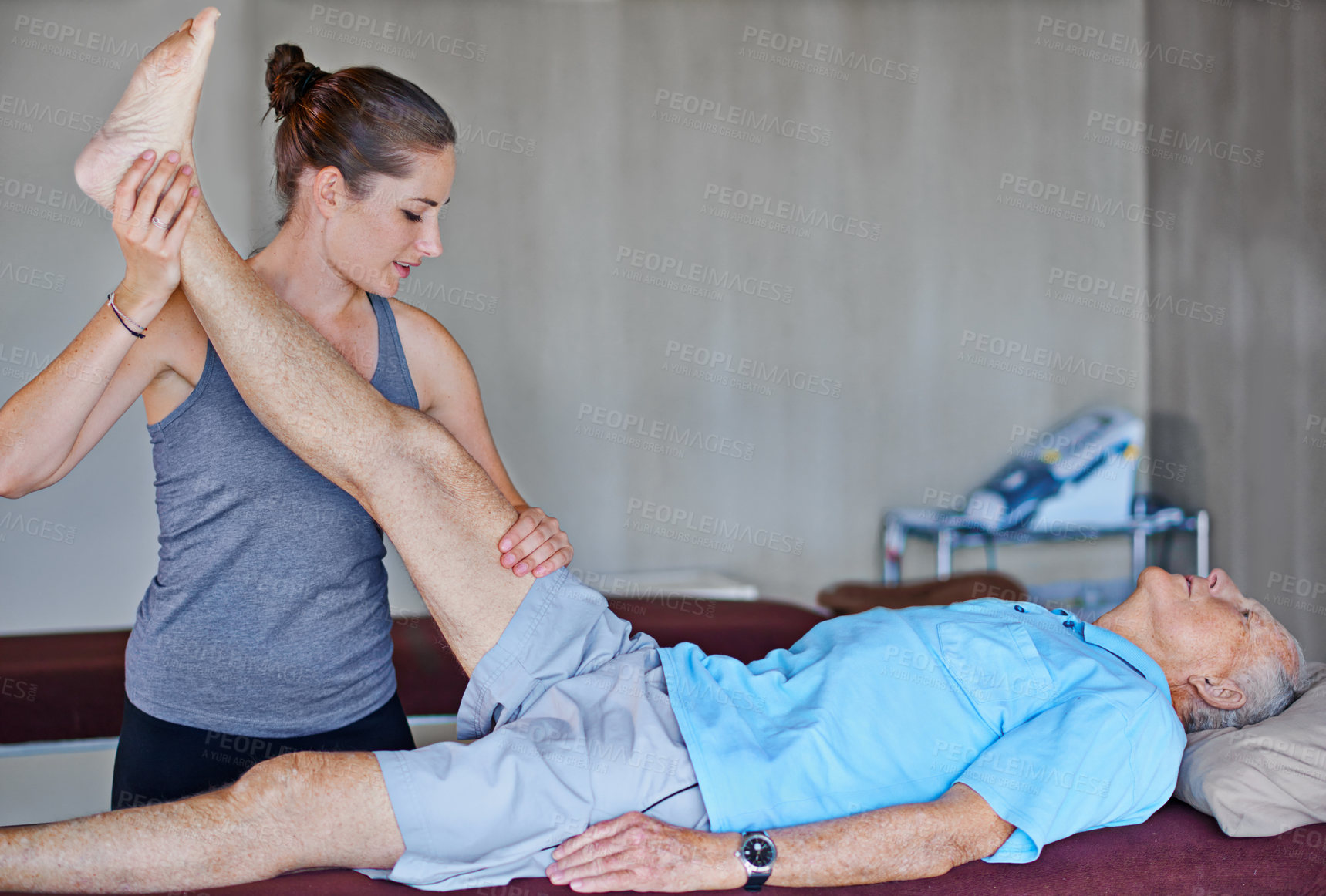 Buy stock photo Woman, physiotherapist and stretching leg with patient for joint pain, muscle or leg injury at clinic. Female person or chiropractor helping man for health checkup, arthritis or ache at the hospital
