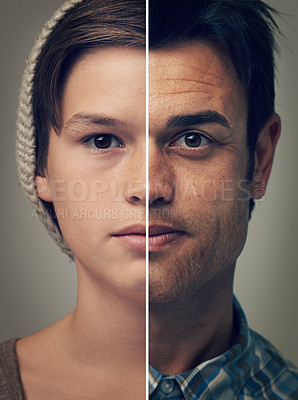 Buy stock photo Portrait, collage or man to change, age or growth mindset in future, hope of reflection of time. Male person, boy or montage as youth, comparison or memory of progress, development or life milestone