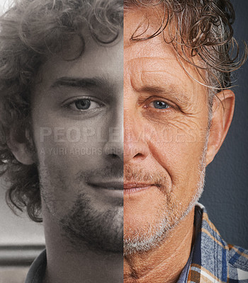 Buy stock photo Cropped split portrait of a young man and an older man