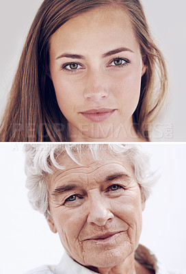 Buy stock photo Portrait, collage or women in age, comparison or growth in future, hope of reflection of time. Female people, girl or montage as young, change or memory of progress, development or life milestone