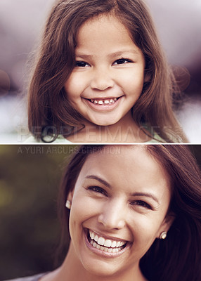Buy stock photo Portrait, collage or woman in age, comparison or progress of time, growth or child development. Girl, youth or toddler in montage as nostalgia, happy birthday or memory as childhood milestone in life