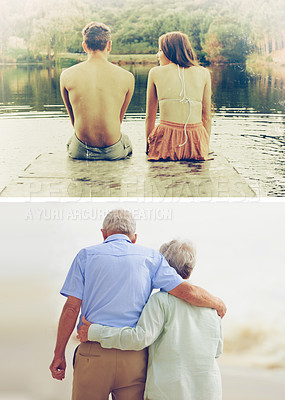 Buy stock photo Senior couple, nostalgia and memory to remember, man and women with commitment in marriage. Comparison, married people and love with affection in relationship, before after moments in collage