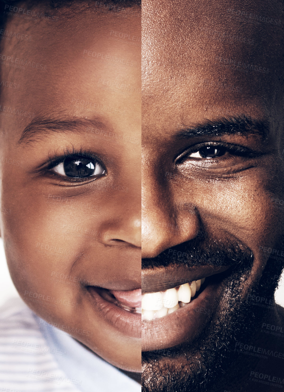 Buy stock photo Portrait, collage or black man in age, comparison or progress of time, child or development. Guy, baby boy or montage as nostalgia, happy birthday or memory of growth, childhood or life milestone
