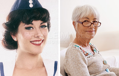Buy stock photo Portrait, collage or girl in age, change or progress of time, future or growth as retro life memory. Pensioner, woman or montage in reflection, contrast or comparison of vintage development milestone