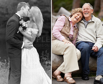 Buy stock photo Senior couple, nostalgia and memory with smile, man and women with commitment in outdoor marriage. Comparison, married people and love with affection in relationship, before after wedding in collage