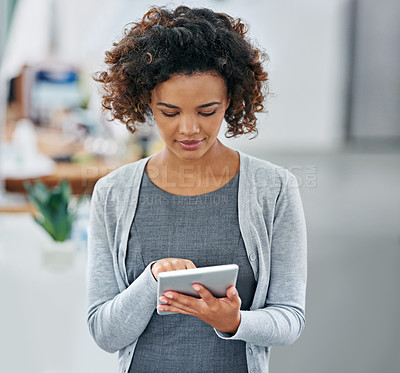 Buy stock photo Black woman, office and tablet to search on internet for information, research and trends as public relations for company. Female person, work and online to browse website for networking and news

