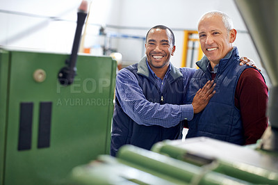 Buy stock photo Factory, machine and coworkers in happy discussion, maintenance for industrial safety and diversity employees together. Mechanical engineering, production monitoring system or inspection in warehouse