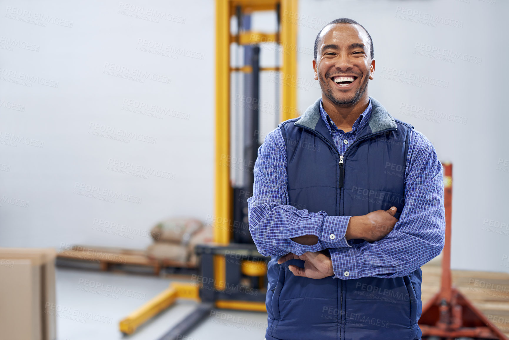 Buy stock photo Man, smile and portrait in factory for production process, industry and manufacturing for distribution. African person or worker and happy with forklift for stock and supply for service and work