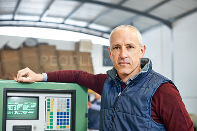 Buy stock photo Engineer, factory and machine with warehouse, control panel and manufacturing industry maintenance. Professional man, tradesman and system with equipment, repair and proud for project or career