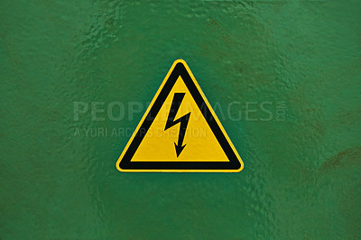 Buy stock photo Warning panel, industry and machine with closeup, technology or manufacturing factory maintenance. Professional icon, lightning and system for equipment, repair and monitor for electronic danger