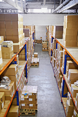 Buy stock photo Warehouse, boxes and supply chain with distribution, storage and inventory with shelves. Import, export and industry with package and manufacturing with cargo and service with packaging and supplier