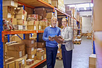 Buy stock photo Portrait, boxes and man with woman, clipboard and documents with shipping form and import. Tablet, warehouse and export with teamwork or supply chain with stock or logistics with storage or industry
