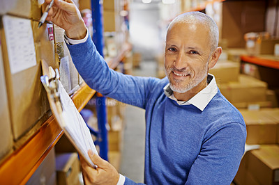 Buy stock photo Portrait, boxes or man with warehouse checklist for delivery order, storage or stock on clipboard. Factory, mature manager or supply chain inspection for product, package or wholesale cargo shipping