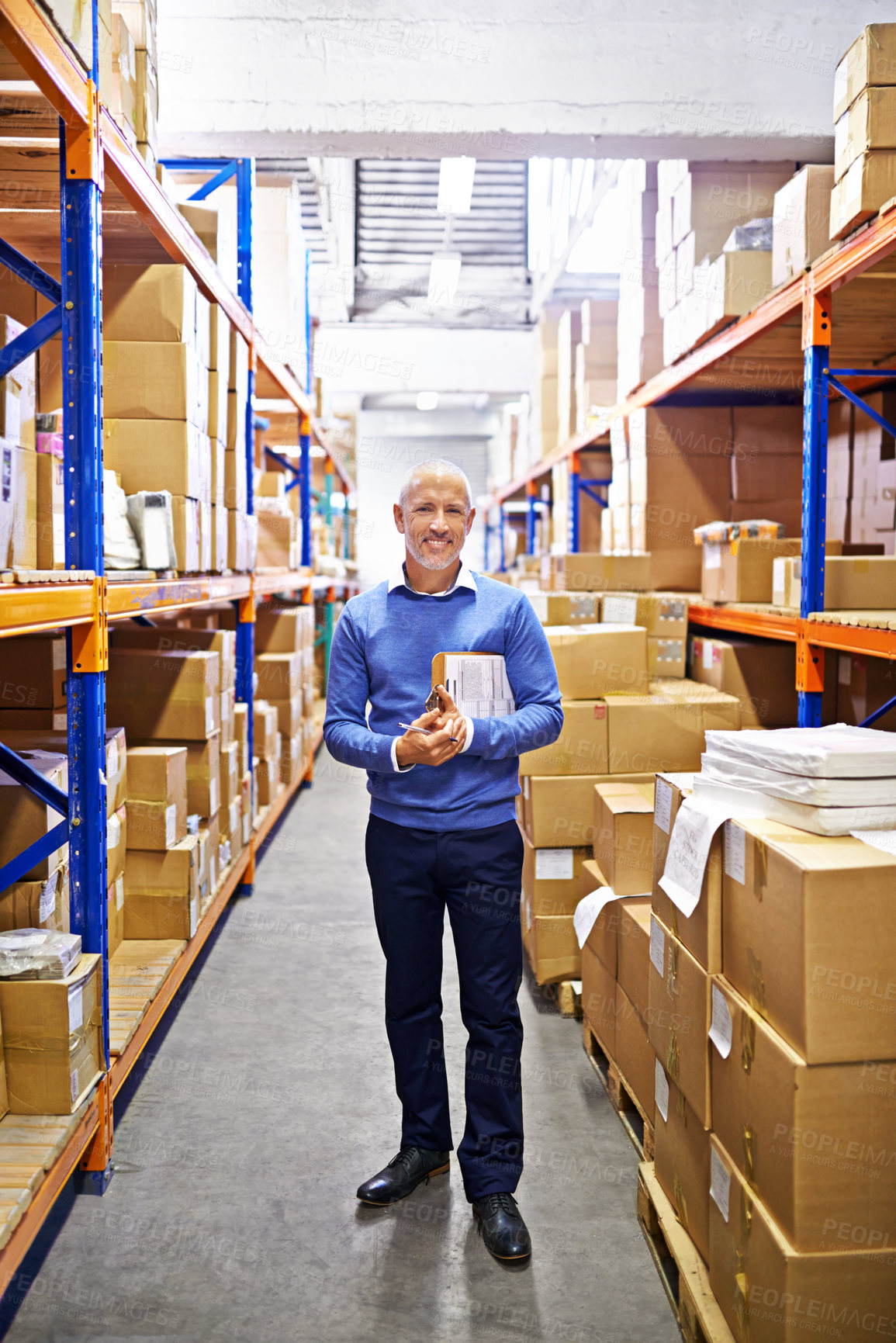 Buy stock photo Portrait, stock or man with printing factory checklist for delivery order, storage or boxes on clipboard. Warehouse, mature manager or supply chain inspection for plant, package or wholesale shipping
