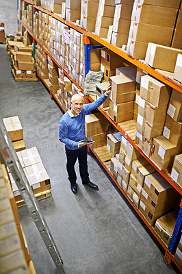 Buy stock photo Tablet, portrait or top view of man in factory for delivery boxes, storage or stock in warehouse for website. Logistics, manager or supply chain inspection for cargo, package or wholesale shipping
