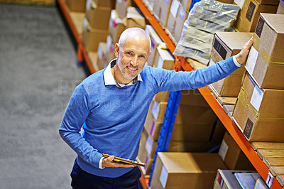 Buy stock photo Tablet, box or portrait of man in warehouse for delivery order label, storage or stock in factory for website. Printing, happy mature manager or supplier inspection for package or wholesale shipping