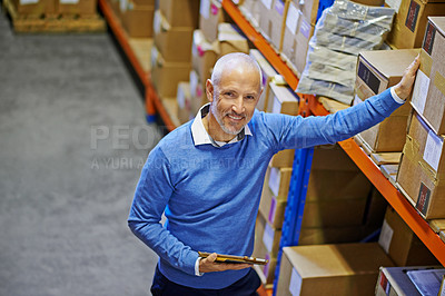 Buy stock photo Above, box or portrait of man in warehouse for delivery order label, storage or stock in factory with tablet. Printing, happy mature manager or supplier inspection for package or wholesale shipping