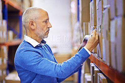 Buy stock photo Checklist, boxes or man in warehouse for label on delivery order, storage or stock in factory with clipboard. Printing logistics, mature manager or supplier inspection on package, cargo or shipping