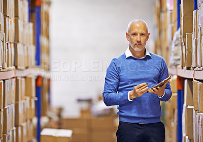 Buy stock photo Tablet, portrait or man by shelf for warehouse order logistics for a delivery stock in factory on internet. Mature, boxes or supply chain for ecommerce product, package or wholesale cargo shipping 