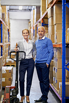 Buy stock photo Portrait, warehouse and man with woman, boxes and documents with shipping form and industry. Tablet, factory and manufacturing with cooperation and supply chain with stock and logistics with storage