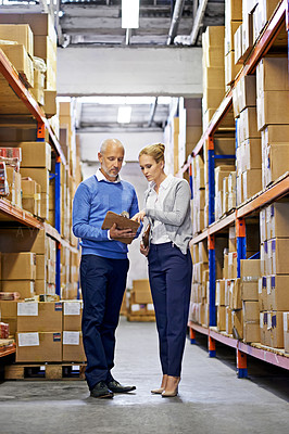 Buy stock photo Checklist, boxes or people in warehouse for shipping delivery order, teamwork or stock in factory on clipboard. Printing logistics, managers or supplier inspection on package, cargo or plant safety