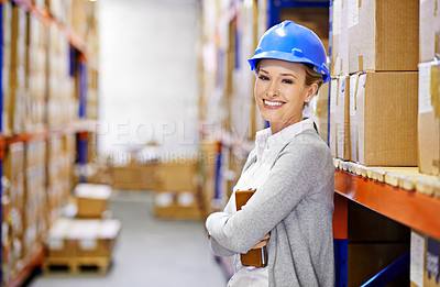 Buy stock photo Tablet, portrait or woman in factory for storage, shipping delivery, product or stock in warehouse by shelf. Printing logistics, boxes or inspection on package or cargo for online order on website