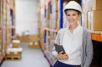 Buy stock photo Tablet, happy or woman in factory for safety, shipping delivery, product or stock in warehouse by shelf. Printing logistics, proud inspector or boxes for package or cargo for online order on website