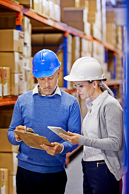 Buy stock photo Checklist, tablet or people in factory for inspection info for a delivery order, boxes or website in a plant. Online, teamwork or warehouse workers with product, package or wholesale cargo shipping