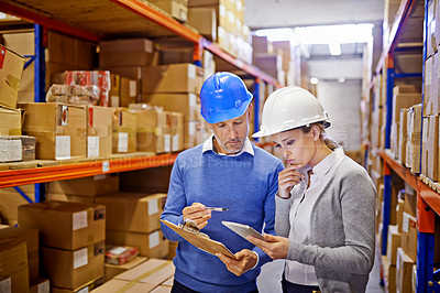 Buy stock photo Checklist, tablet or people in warehouse for inspection info for a delivery order, boxes or website in a plant. Online, teamwork or factory workers with product, package or wholesale cargo shipping
