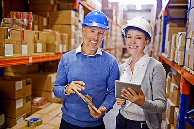 Buy stock photo Portrait, warehouse and man with woman, tablet and paperwork with shipping form and cargo. Supply chain, factory or manufacturing with boxes and industrial with stock, smile or logistics with storage