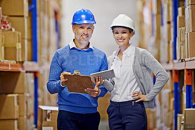 Buy stock photo Portrait, warehouse or man with woman, tablet or documents with shipping or industry. Clipboard, inventory or manufacturing with teamwork or boxes with stock or logistics with storage or supply chain