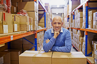 Buy stock photo Shipping, warehouse and portrait of man with box for inspection, supply chain and delivery. Factory, distribution and happy mature person with package for logistics, manufacturing and production