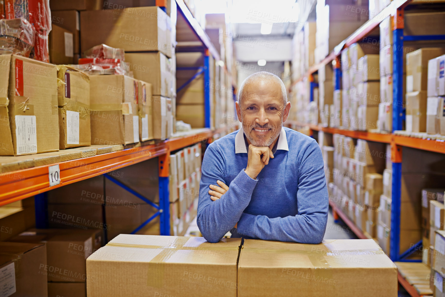 Buy stock photo Shipping, warehouse and portrait of man with box for inspection, supply chain and delivery. Factory, distribution and happy mature person with package for logistics, manufacturing and production