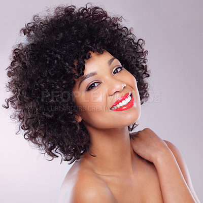 Buy stock photo Skincare, beauty and portrait of black woman with lipstick, afro and smile with confidence in studio. Dermatology, facial cosmetics and happy model girl with makeup isolated on white background